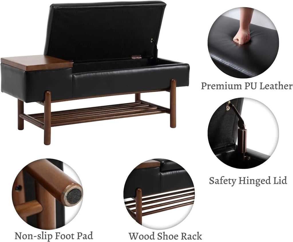 Black Leather Storage Bench with Shoe Rack W609