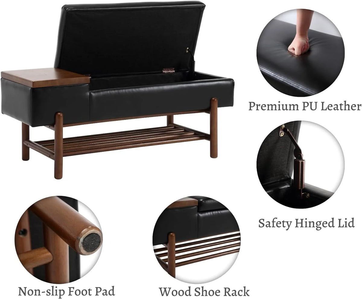 Black Leather Storage Bench with Shoe Rack W609