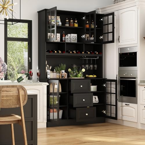 White Freestanding Wood Kitchen Pantry with Glass Doors, Drawers and Adjustable Shelves S874531