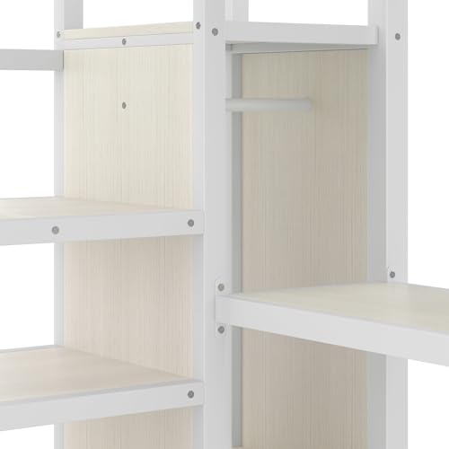 Queen Size White Wood Grain Metal Loft Bed with Desk and Wardrobe L40256