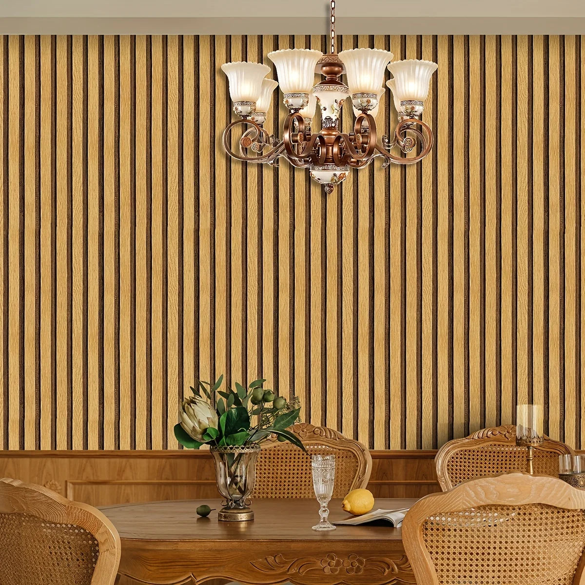 Glossy Light Brown Wood Grain Stripe Peel And Stick Wallpaper W363481
