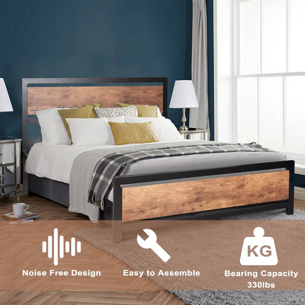 Black Metal Full Bed Frame with Wooden Headboard and Footboard K663