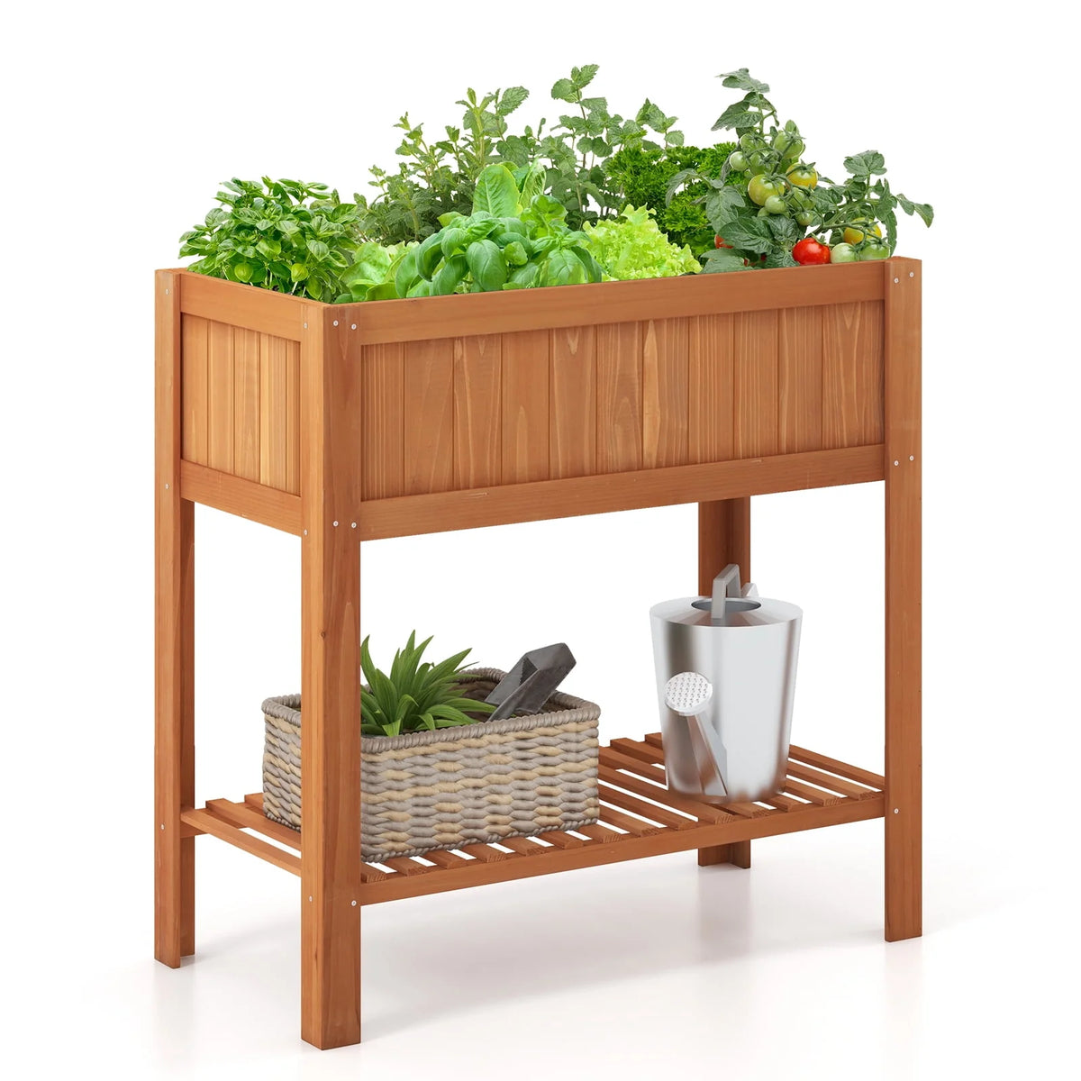 Fir Wood Raised Garden Bed with Storage Shelf M85419