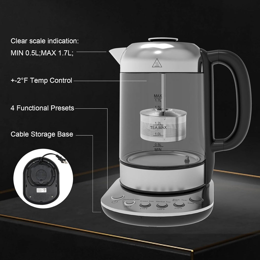 1.7L Borosilicate Glass Electric Kettle with Temperature Control E57007