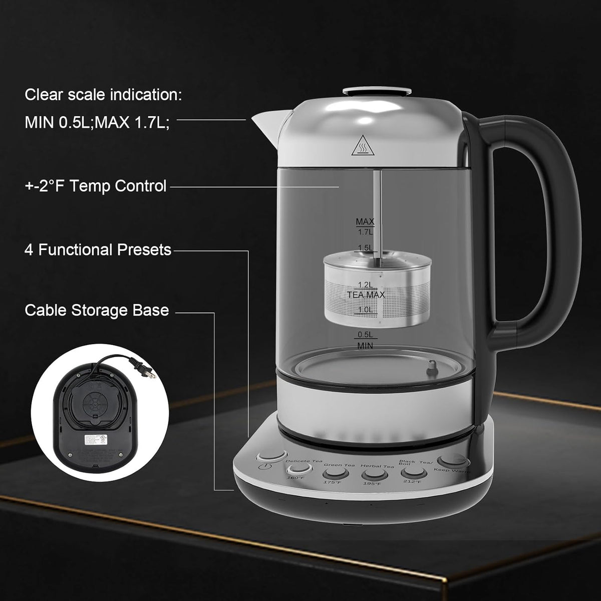 1.7L Borosilicate Glass Electric Kettle with Temperature Control E57007
