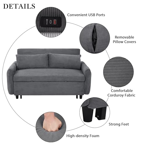 Light Blue 2 Seat Convertible Sofa Bed with USB Ports T69373
