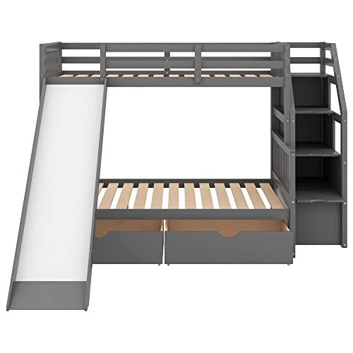Grey Wood Twin Over Full Bunk Bed with Slides and Drawers H8823