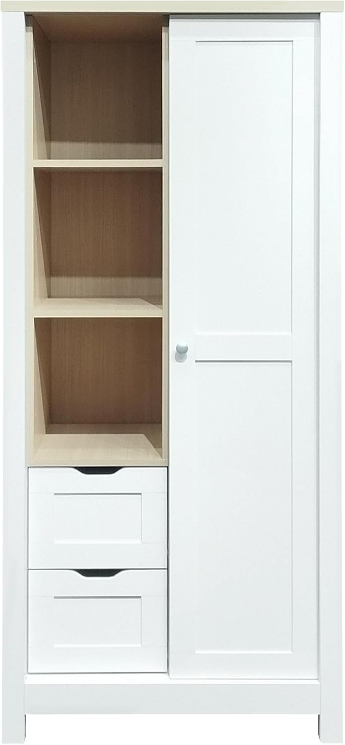 White Freestanding Wooden Armoire Wardrobe with 1 Sliding Door and 2 Drawers Y64544