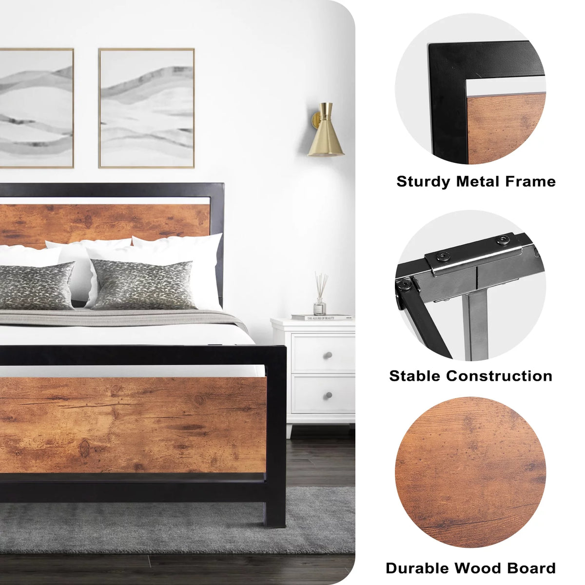 Black Metal Full Bed Frame with Wooden Headboard and Footboard K663