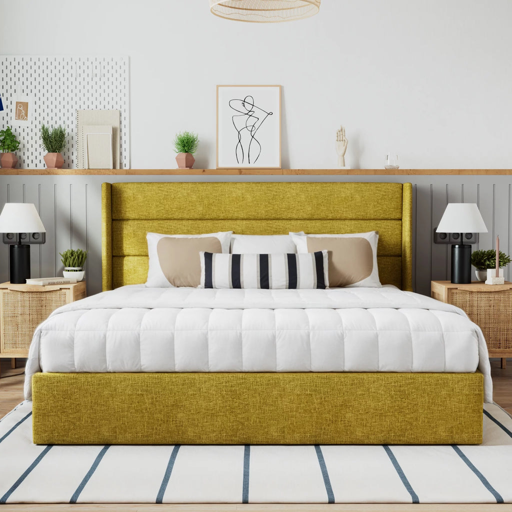 Beige Queen Size Lift Up Platform Bed Frame with Headboard V9892