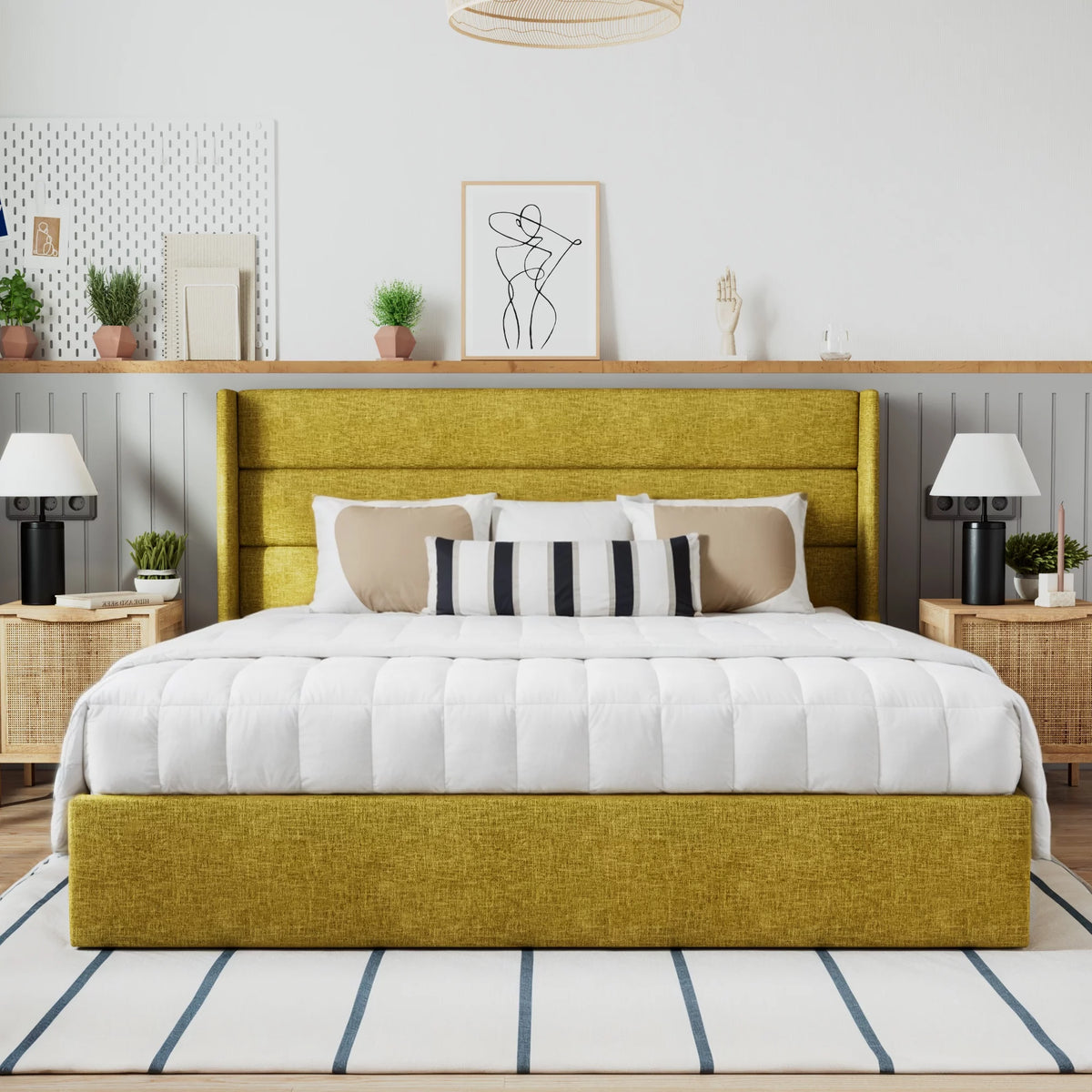Beige Queen Size Lift Up Platform Bed Frame with Headboard V9892