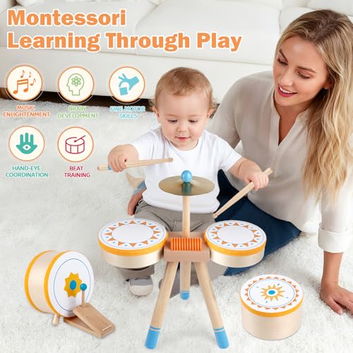 Wooden Kids Drum Kit with Cymbal, Pedal Bass Drum & 2 Drumsticks I3102