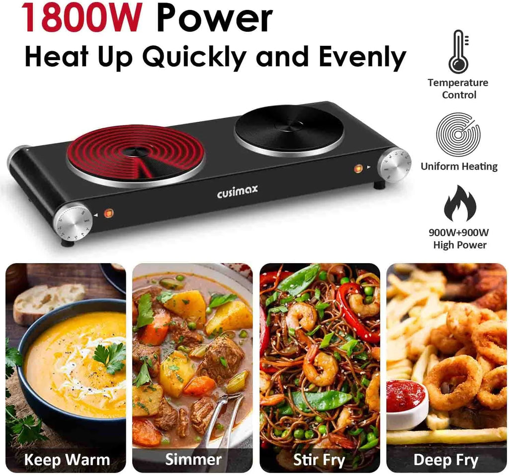 1800W Portable Electric Double Burner Cast Iron Cooktop with 7 Power Levels A816046