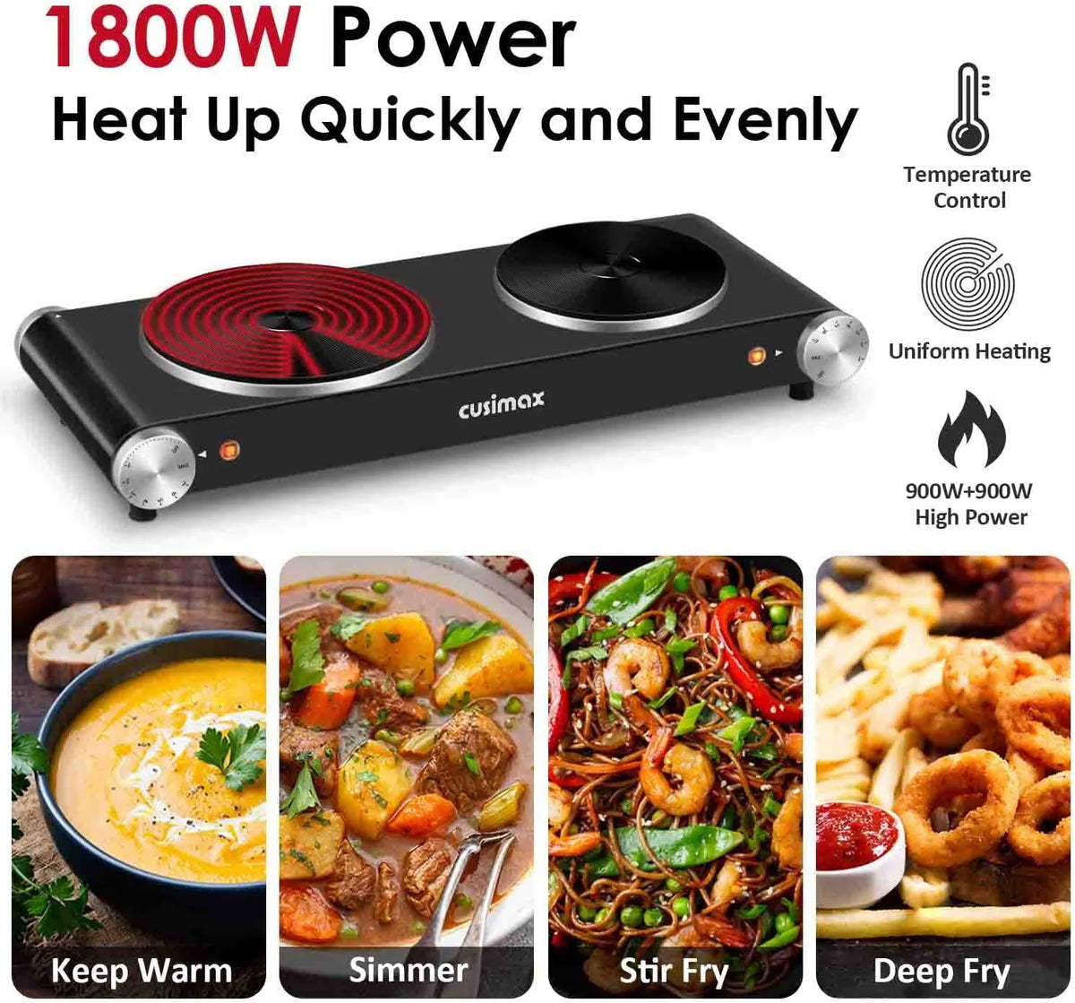 1800W Portable Electric Double Burner Cast Iron Cooktop with 7 Power Levels A816046