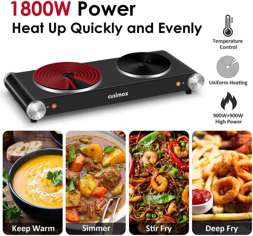 1800W Portable Electric Double Burner Cast Iron Cooktop with 7 Power Levels A816046