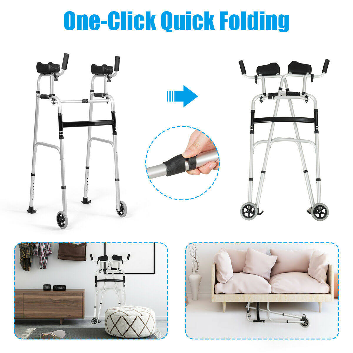 Folding Height Adjustable Walking Frame with Armrest Y711