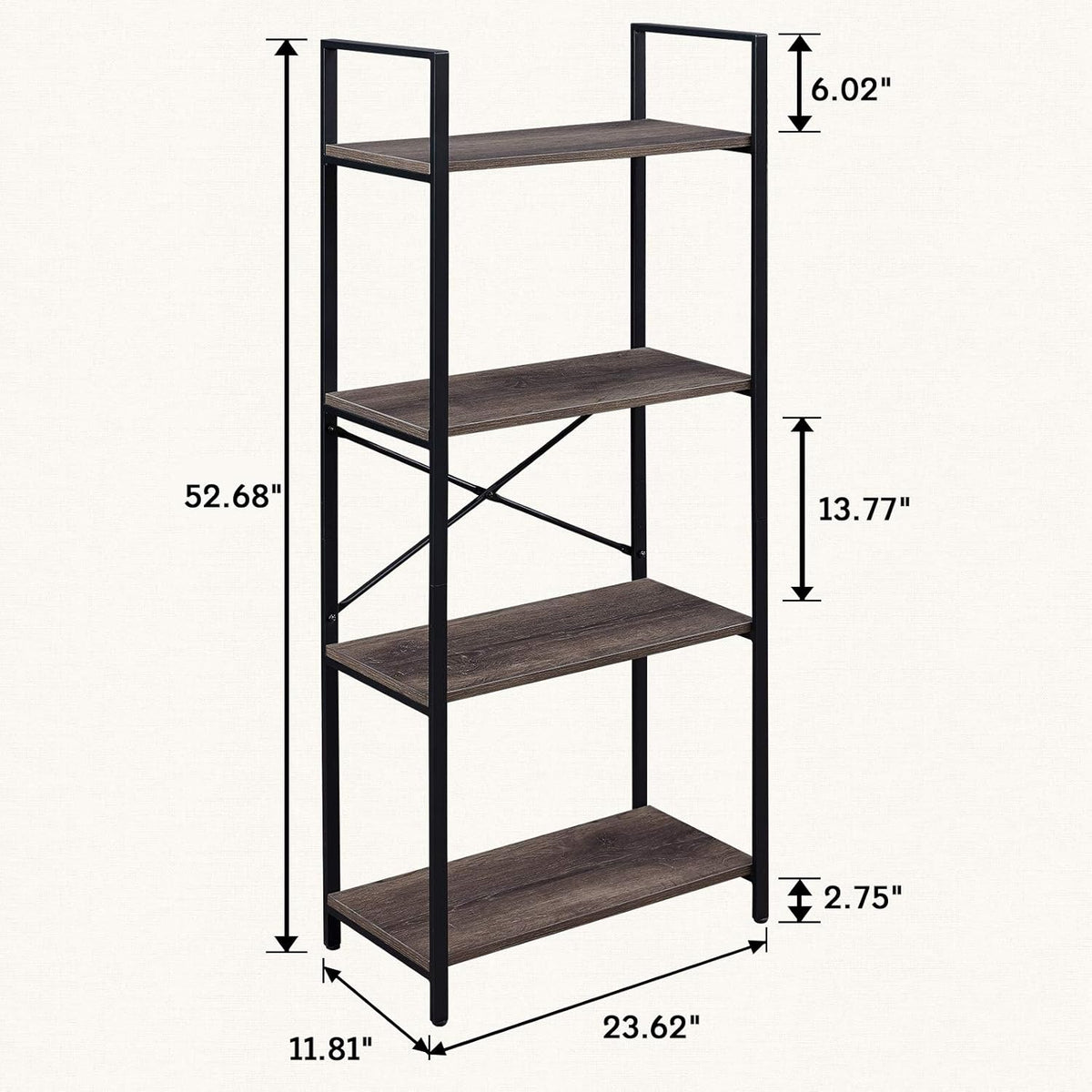 4-Tier Vintage Bookshelf with Metal Frame - Oak Grey A4767