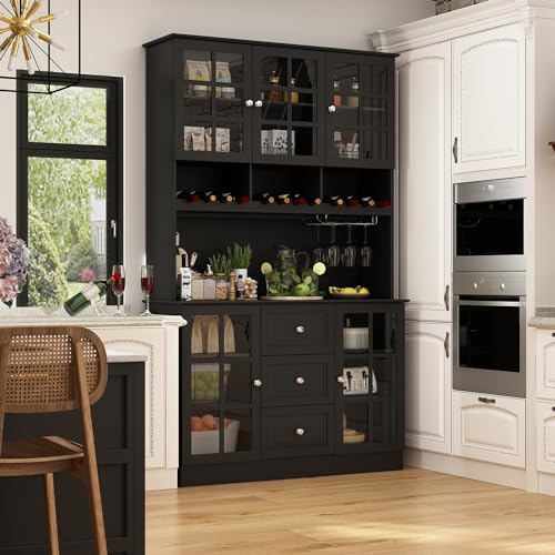 White Freestanding Wood Kitchen Pantry with Glass Doors, Drawers and Adjustable Shelves S874531