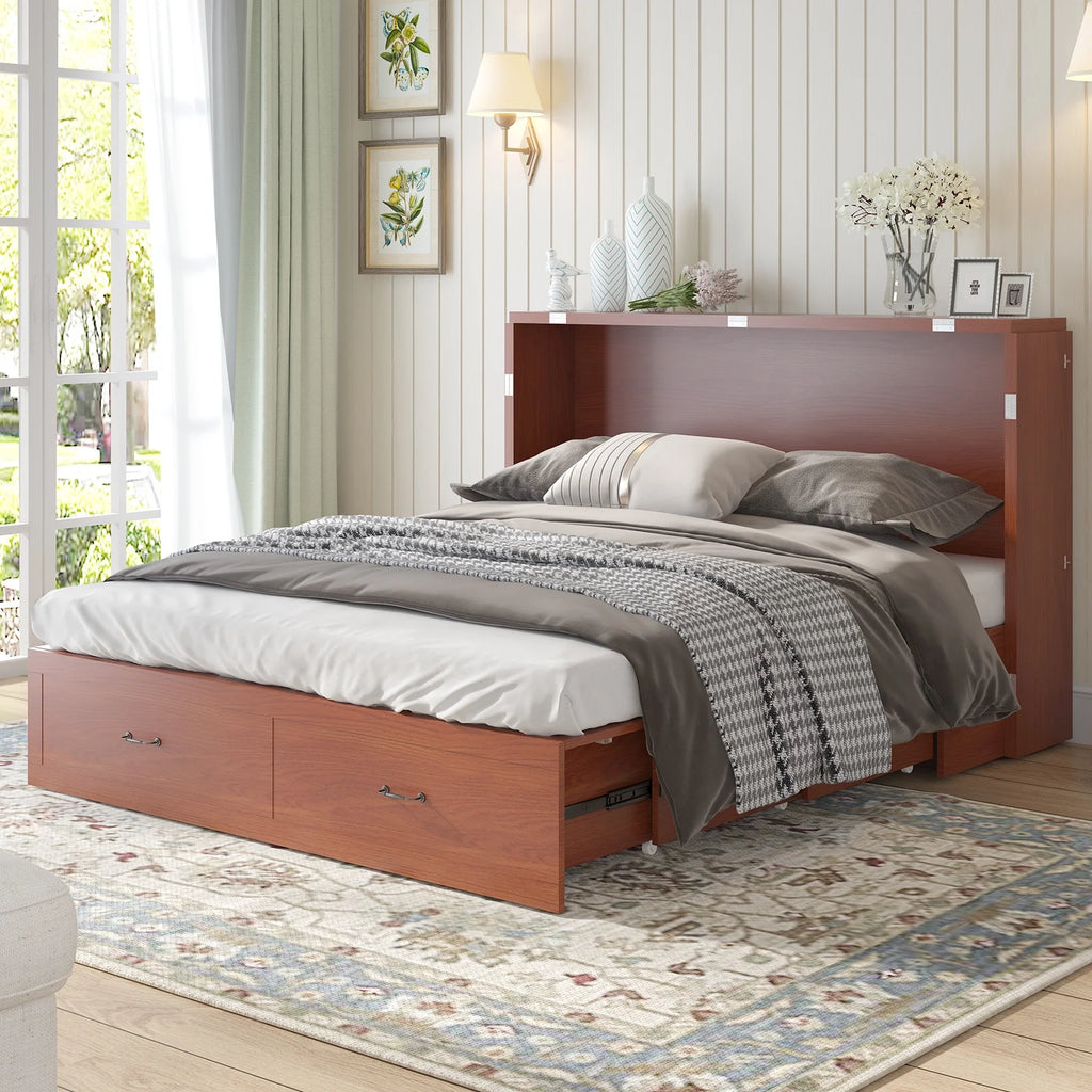 Queen Size Solid Wood Murphy Bed Cabinet with Storage Drawer and Charging Station A571