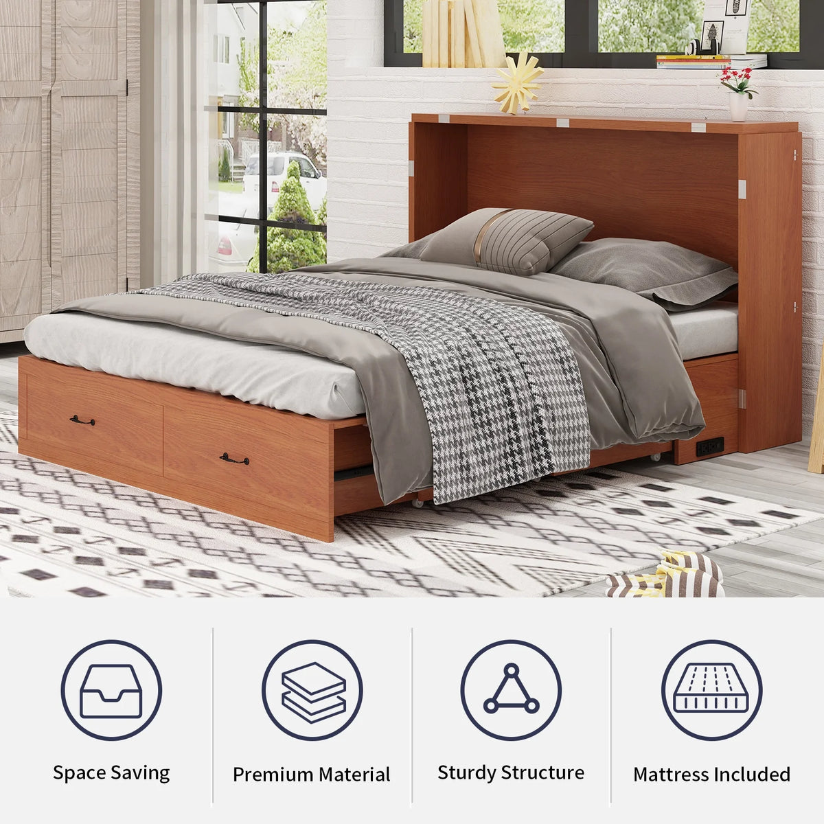 Queen Size Solid Wood Murphy Bed Cabinet with Storage Drawer and Charging Station A571