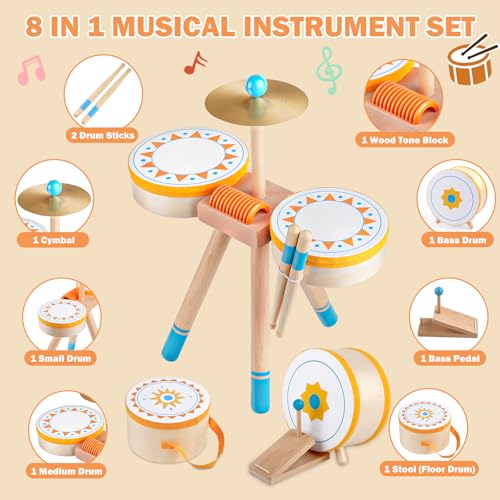 Wooden Kids Drum Kit with Cymbal, Pedal Bass Drum & 2 Drumsticks I3102
