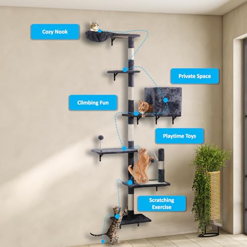 Wall Mounted Cat Climber Set with Scratching Post, Platforms, Dangling Balls, Condo P768673