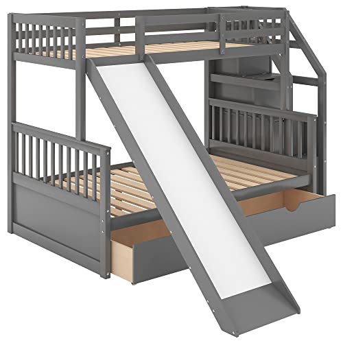 Grey Wood Twin Over Full Bunk Bed with Slides and Drawers H8823