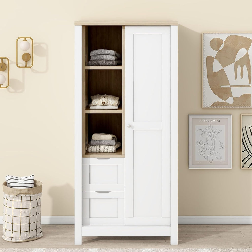 White Freestanding Wooden Armoire Wardrobe with 1 Sliding Door and 2 Drawers Y64544