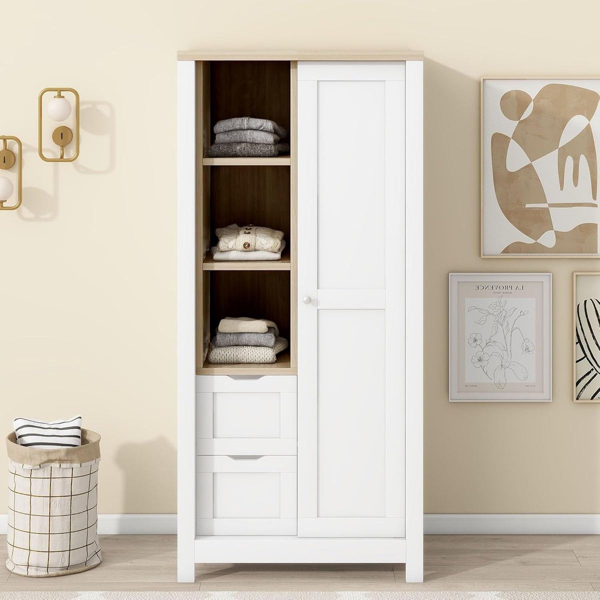 White Freestanding Wooden Armoire Wardrobe with 1 Sliding Door and 2 Drawers Y64544