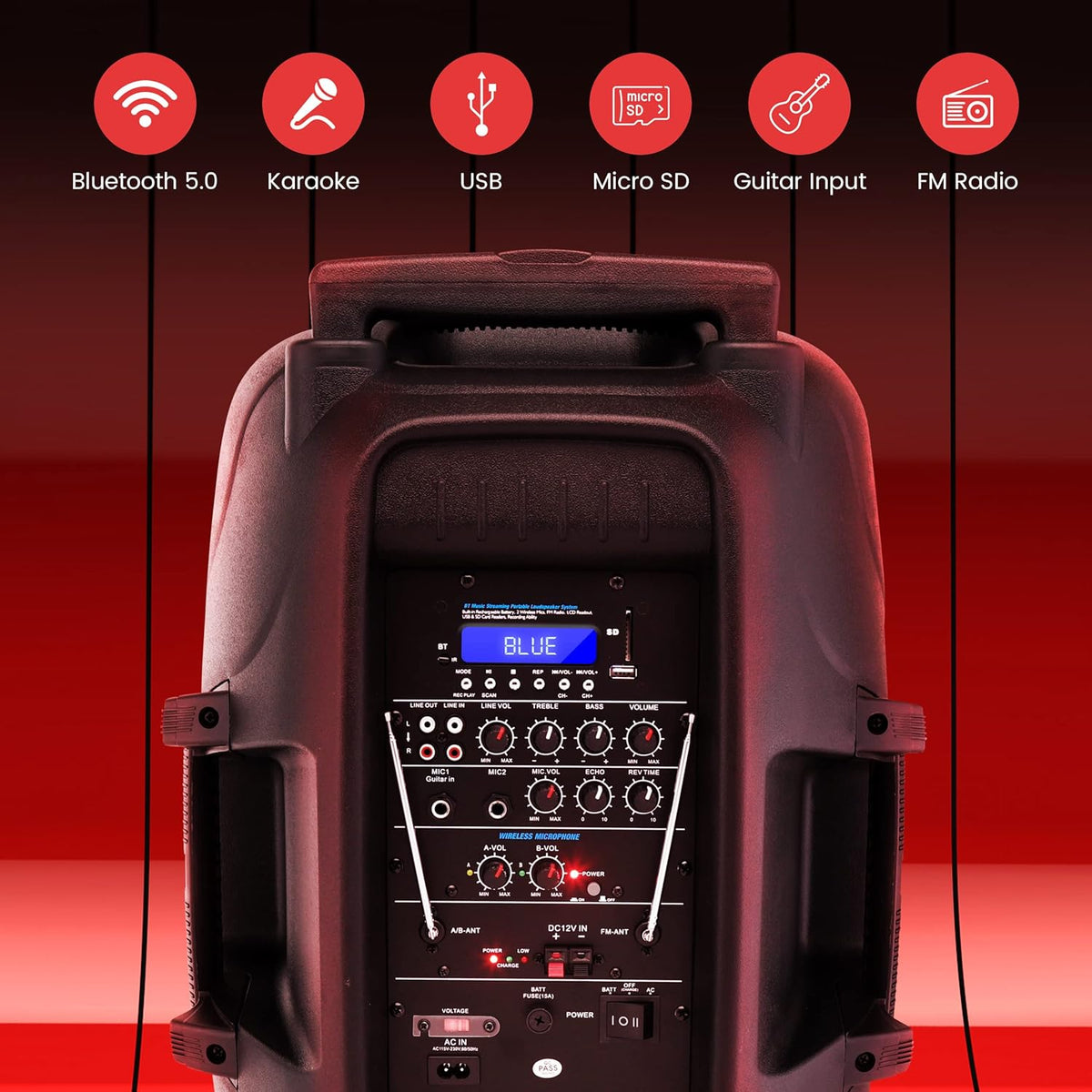 15" Bluetooth PA Speaker with 2 UHF Wireless Microphones, Black X477