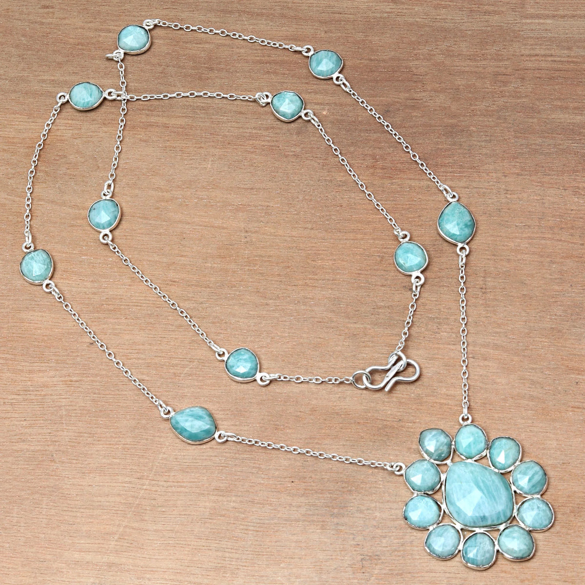 Antique 925 Silver Amazonite Gemstone Necklace 26'' Z5669