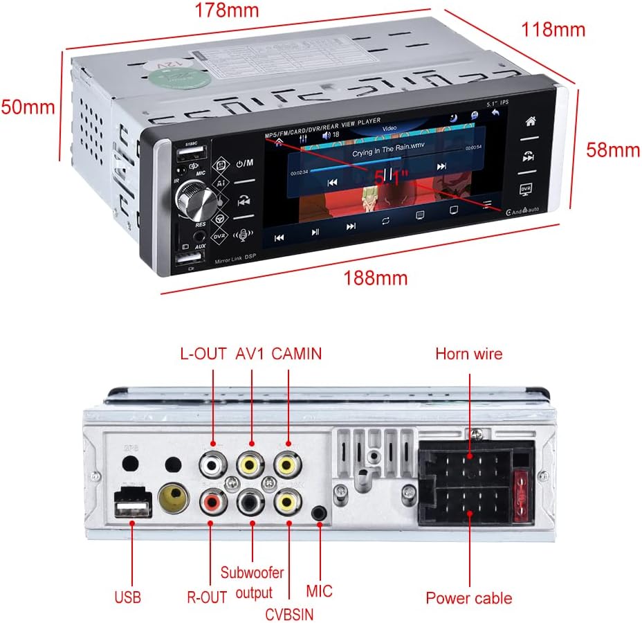 Single Din Bluetooth Car Stereo with 5.1'' HD Touch Screen E2308