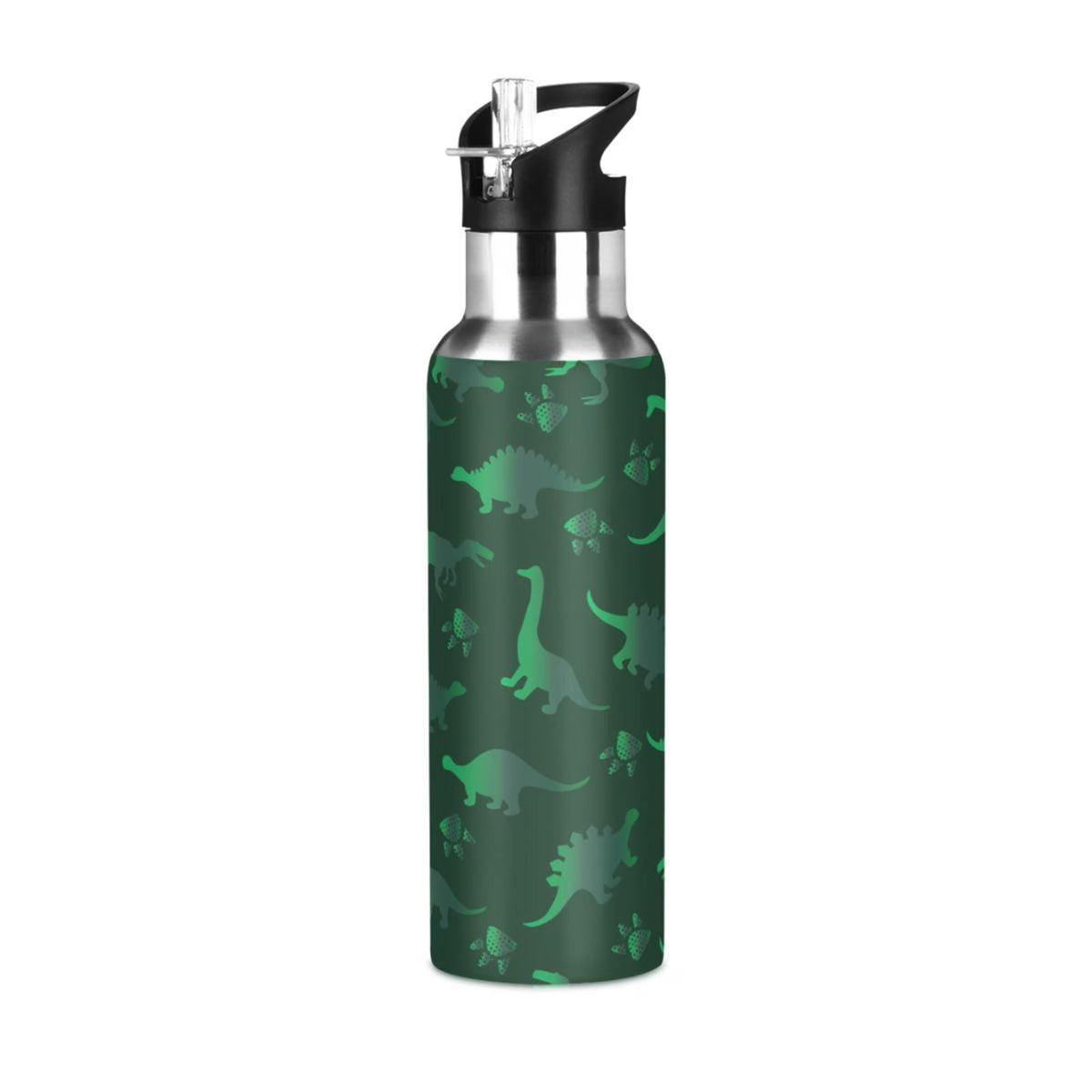 Green Dinosaur Pattern Stainless Steel Insulated Water Bottle with Straw Lid G820065