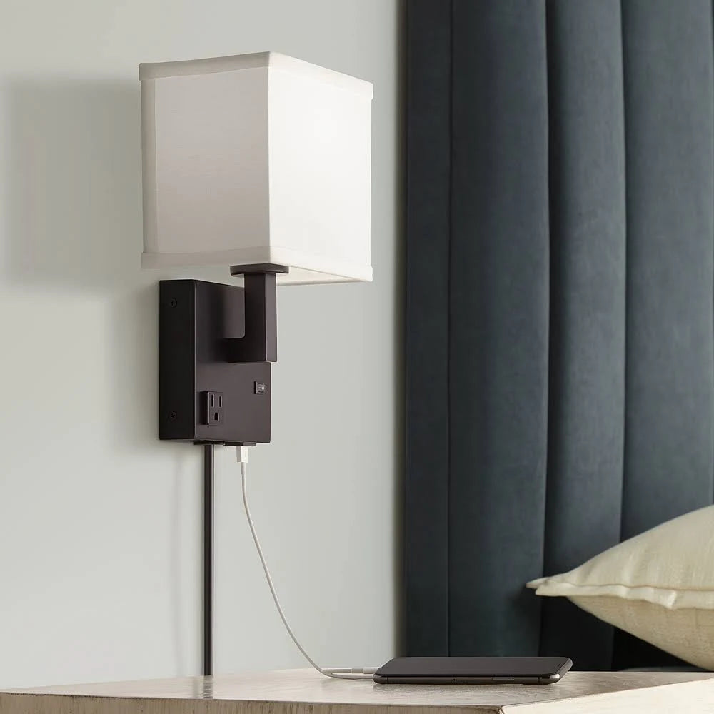Black Plug-In Wall Light with USB Port and Outlet B69033