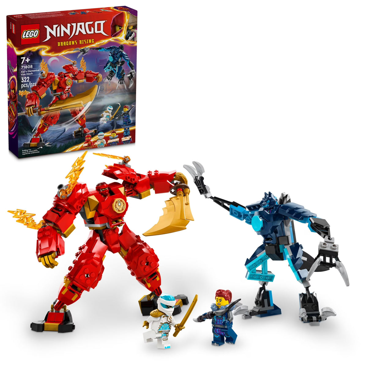LEGO NINJAGO Kai’s Elemental Fire Mech Action Figure, Mini Ninja Toy with Red Ninja Figure plus Kai and Zane Minifigures, Adventure Set for Boys and Girls Ages 7 and Up G284053