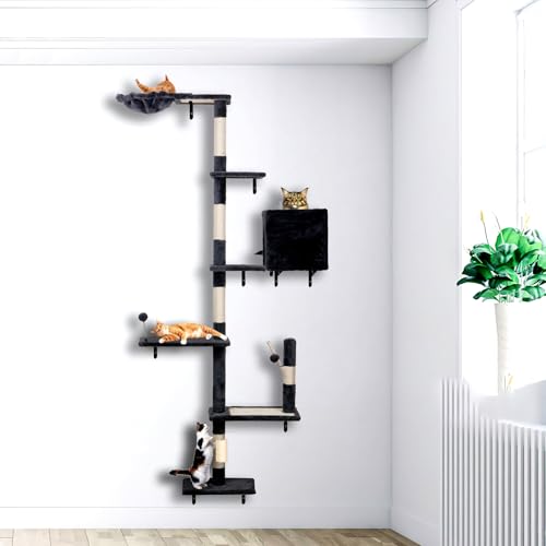 Wall Mounted Cat Climber Set with Scratching Post, Platforms, Dangling Balls, Condo P768673