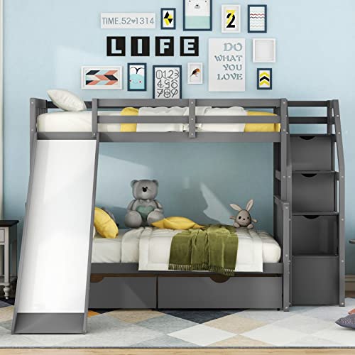 Grey Wood Twin Over Full Bunk Bed with Slides and Drawers H8823