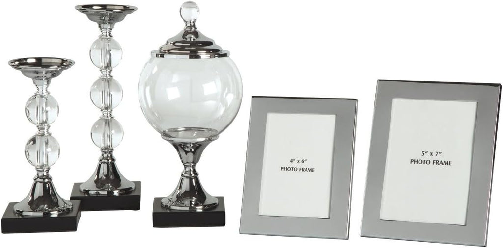 5 Piece Home Décor Set with Box, Candle Holders & Photo Frames, Silver Finish P41983