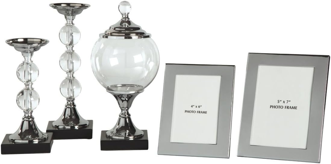 5 Piece Home Décor Set with Box, Candle Holders & Photo Frames, Silver Finish P41983
