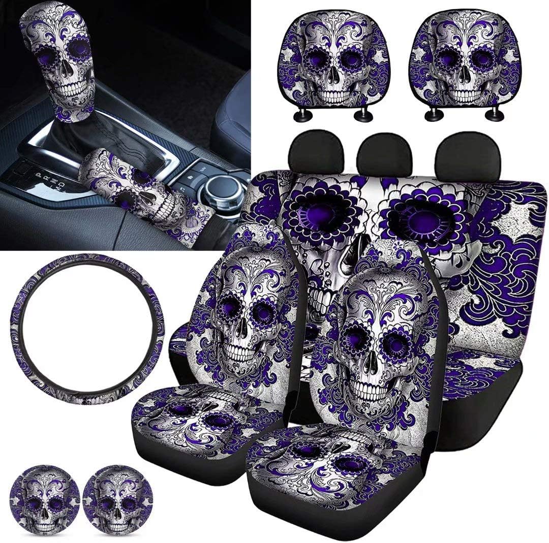 Purple Sugar Skull Car Seat Cover Set 11 PCS Q575
