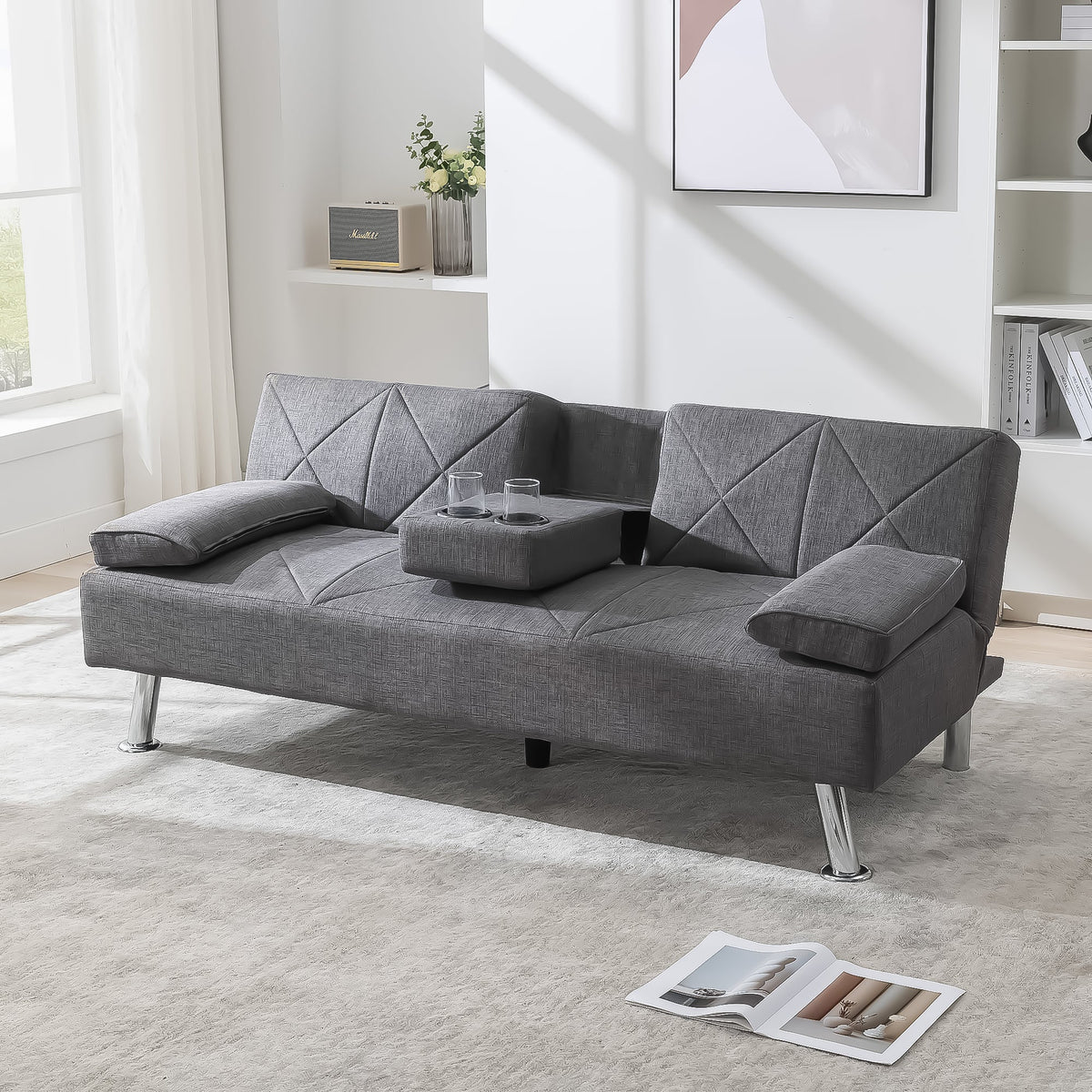Gray Linen Convertible Folding Futon Sofa Bed with Removable Armrests I19365