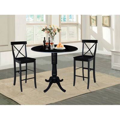 Black Rubberwood Solid Wood 3-Piece Bar Height Drop Leaf Dining Set T7633