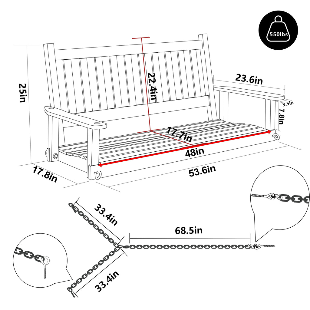 Wooden Porch Swing 4ft with Chains 2-person Swing Bench R643