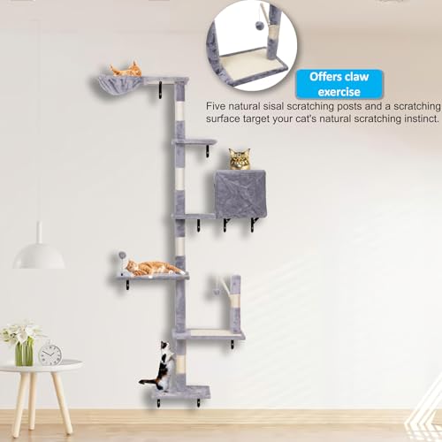 Wall Mounted Cat Climber Set with Scratching Post, Platforms, Dangling Balls, Condo P768673