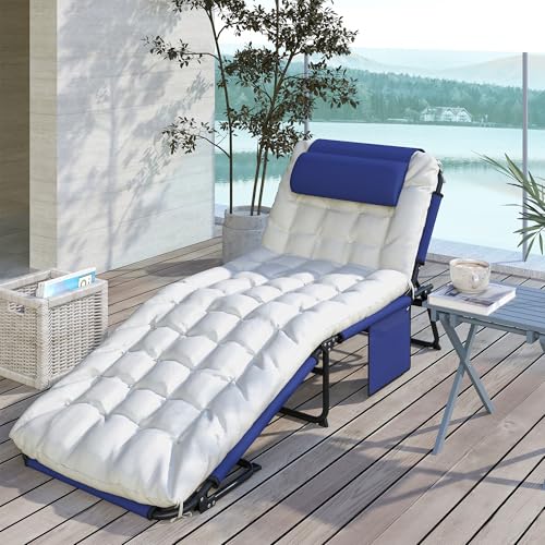 Folding Chaise Lounge with 4-Level Reclining Back, Cushion, Mesh Fabric, Side Pocket, Headrest, Gray F81423