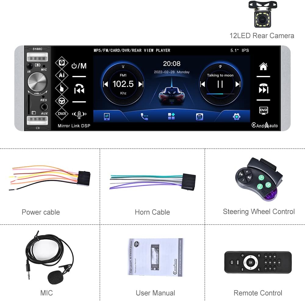 Single Din Bluetooth Car Stereo with 5.1'' HD Touch Screen E2308