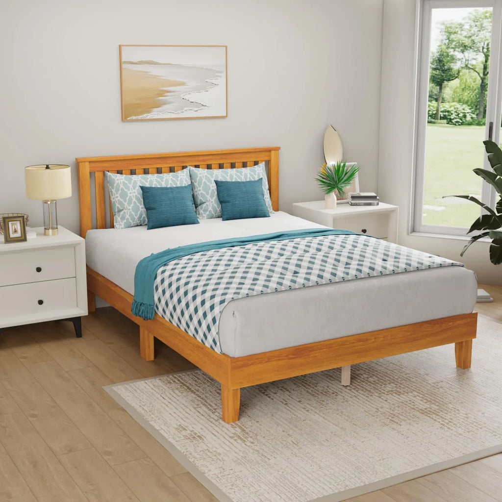 Natural Twin Wood Platform Bed Frame with Headboard S767