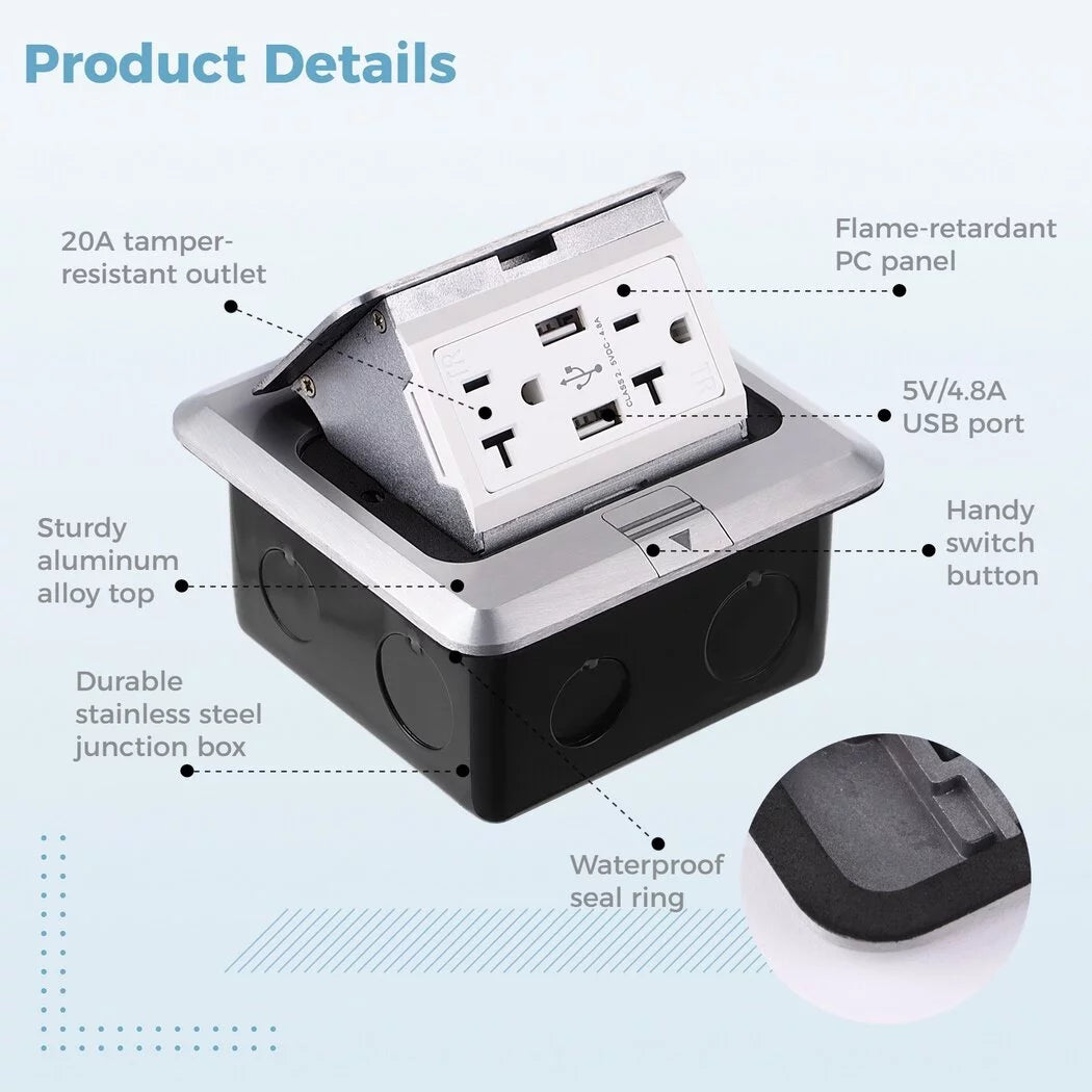Waterproof Electrical Recessed Outlet Box with 20A Tamper-Resistant Receptacle & 4.8A USB Chargers K511794