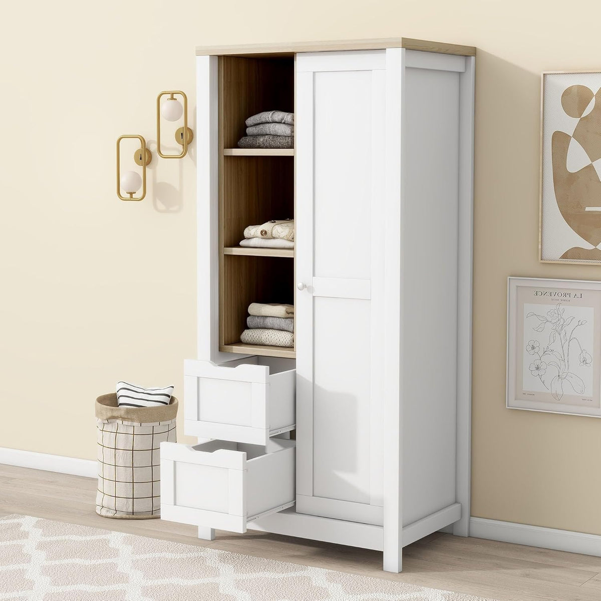 White Freestanding Wooden Armoire Wardrobe with 1 Sliding Door and 2 Drawers Y64544