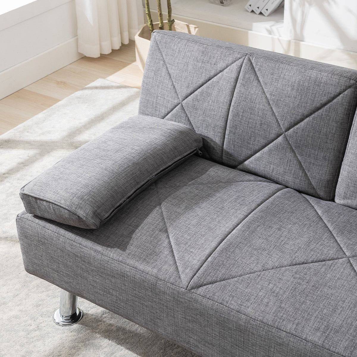 Gray Linen Convertible Folding Futon Sofa Bed with Removable Armrests I19365